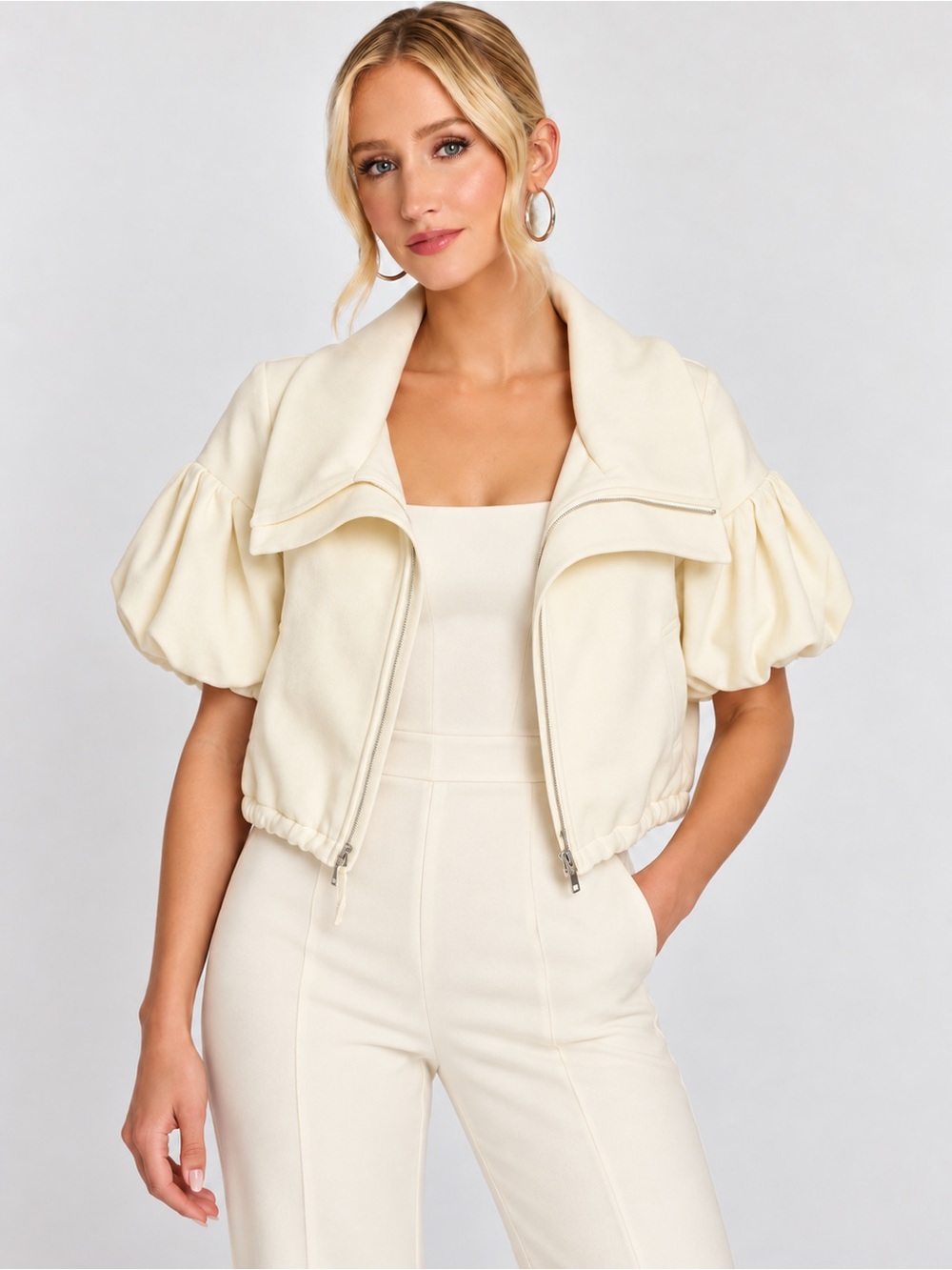 Hanii Y Ecru Ivory Puff Sleeve Cropped Zip Jacket Statement Collar 42